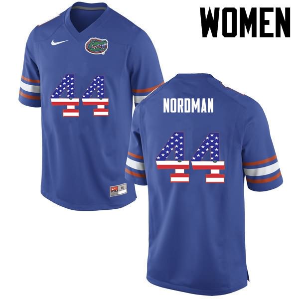 Women's NCAA Florida Gators Tucker Nordman #44 Stitched Authentic USA Flag Fashion Nike Blue College Football Jersey NWY0065LK